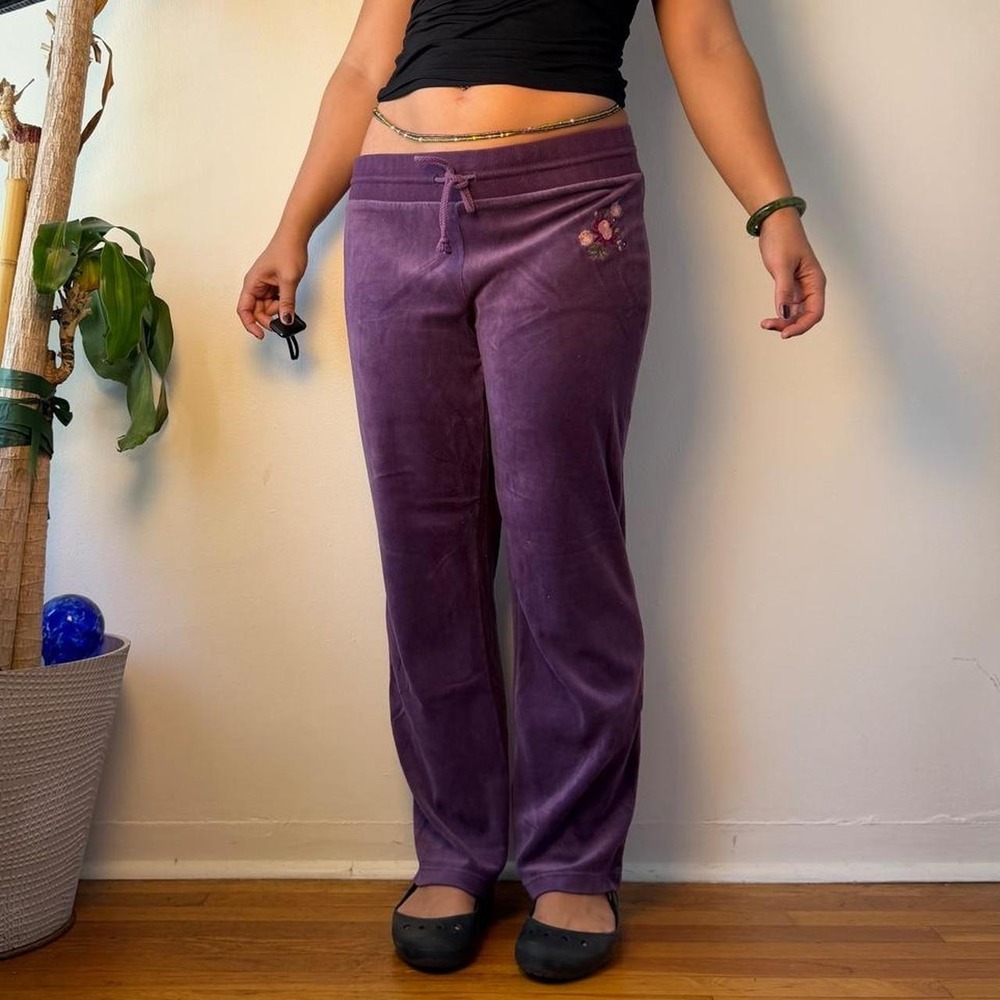 Axcess Purple Velour Track Pants Y2K Low Rise Floral Embroidered Whimsygoth L